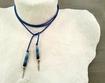 Blue Suede Wrap Choker Necklace, Boho Choker Necklace, Bohemian Choker, Boho Choker, Boho Jewelry, Blue String Necklace Feather Charm Ends