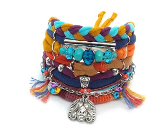 Tribal Head Charm Bracelet Naranja Turquesa Colorido Pulsera Exótica Gitana Joyería