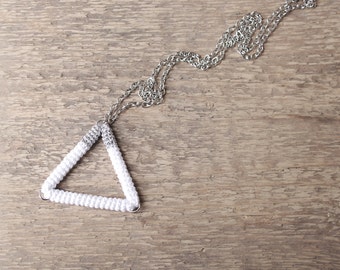 Triangle Pendant Necklace White Silver Crochet Tube