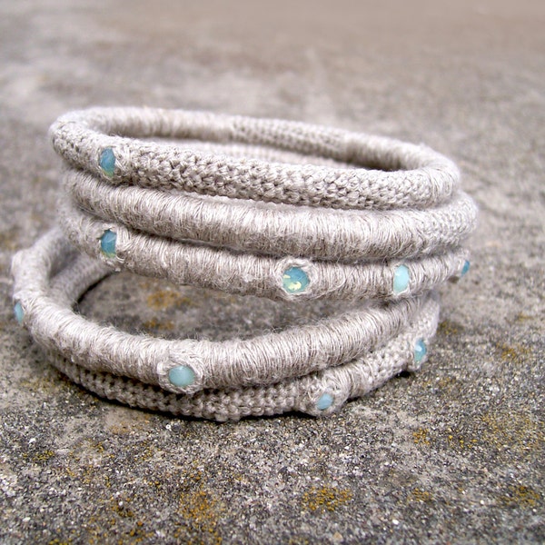 Stacked Bangles, Layered Bangles Set of Five, Linen Bangles, Swarovski Rhinestones Pacific Opal Mint Alabaster, Primitive Bangle Bracelets