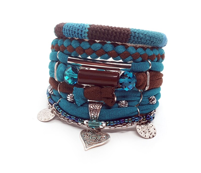 Teal marrón Boho joyería Boho pulsera corazón encanto image 0