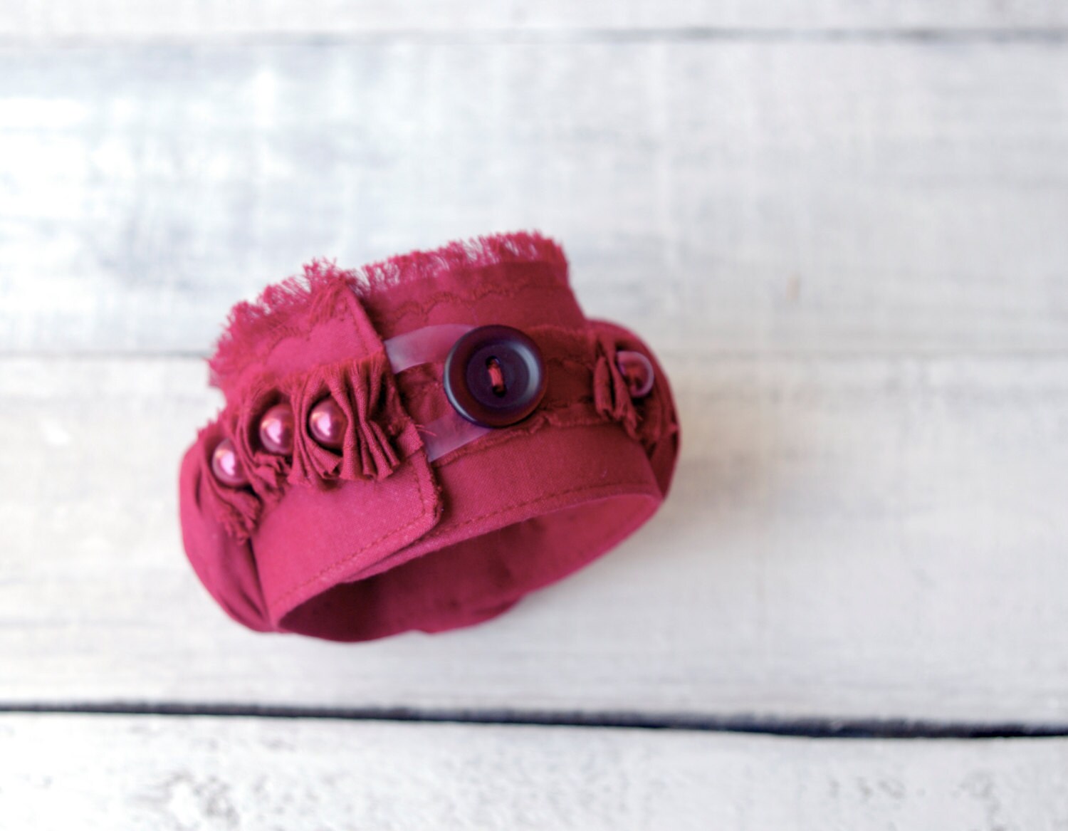Wrist Cuff Fabric Bracelet Deep Red Rosettes and Pearls Etsy