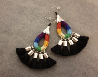 Chakra Black Tassel Earrings Colorful Ethnic Earrings Rainbow Festival Earrings Gypsy Tribal Earrings Black Tassels Boho Earrings