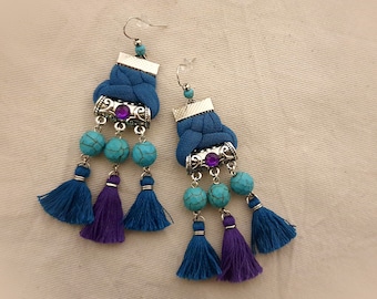 Tassel Earrings Turquoise Teal Purple Chandelier Gypsy Earrings Unique Boho Earrings, Oriental Bellydance Earrings Tassel Jewelry