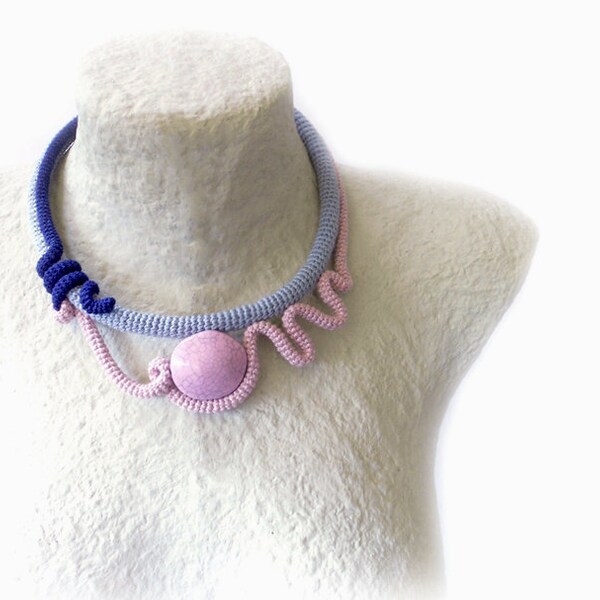 Crochet Art Necklace Navy Blue Gray Rose