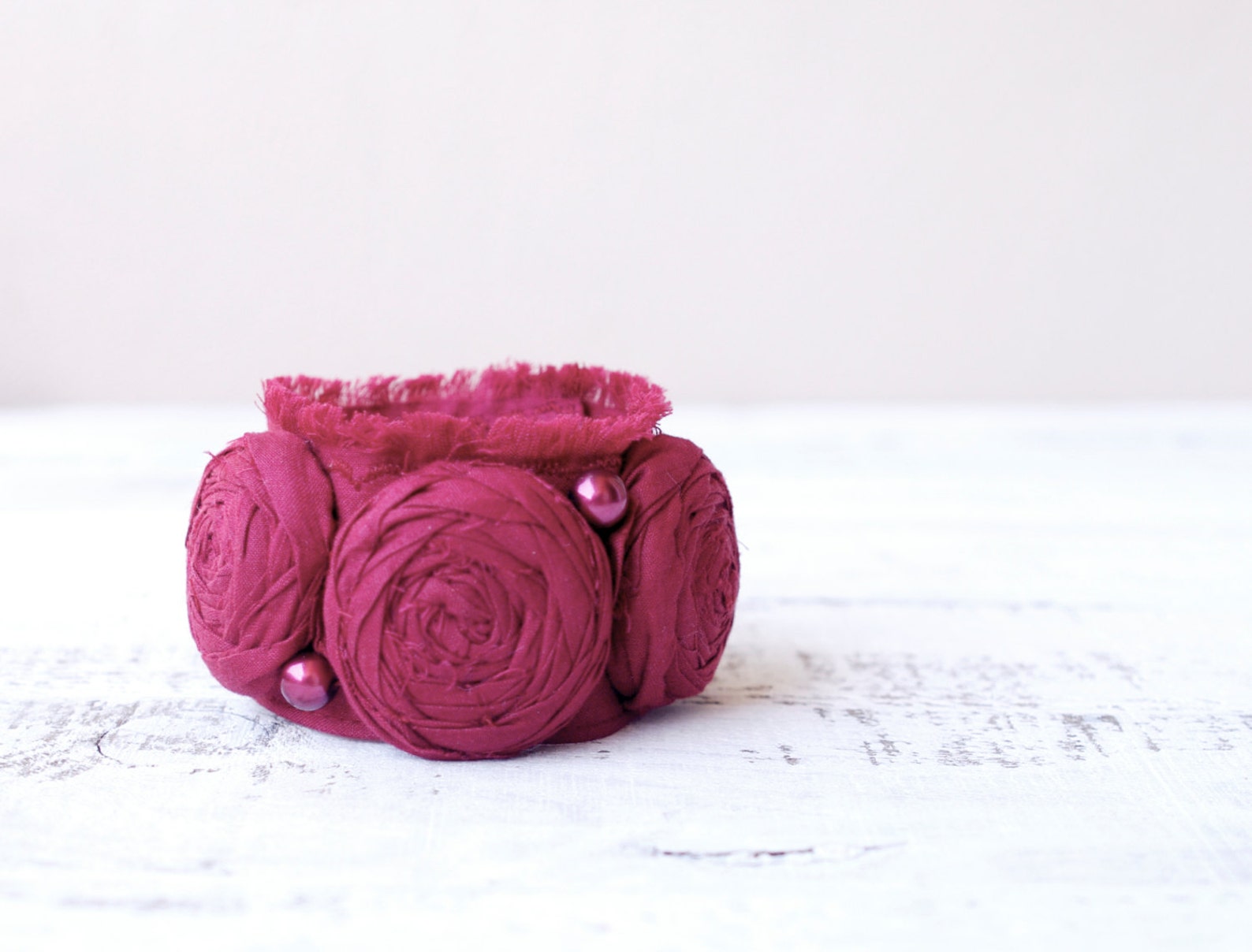 Wrist Cuff Fabric Bracelet Deep Red Rosettes and Pearls Etsy