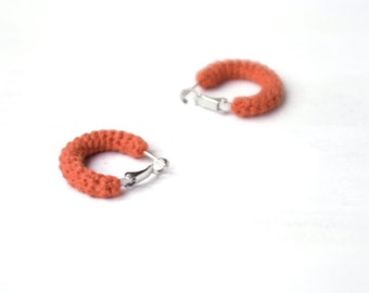 Orange Hoop Earrings Crochet Tube Hoops, 1 inch hoop earrings, Simple Earrings