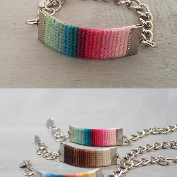 Colorful Bracelet - Crochet Band Bracelet Gradient Color Combo - Pink Green Womens Bracelet Chain Adjustable - Ibiza Style