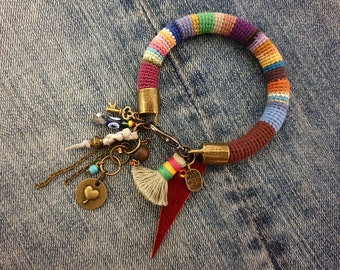 Amulet Bracelet, Charm Bracelet Bohemian Gypsy, Evil Eye Bracelet Colorful Peruvian Bangle, Tassel Bracelet Boho Jewelry Crochet Tube Bangle