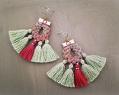Tassel Earrings, Pink Green Spring Bohemian Earrings, Gypsy Earrings Boho Style Jewelry, Fringe Earrings, Fan Earrings Spring Tassels