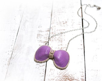 Seashells Bow Necklace, Pantone Radiant Orchid Purple Pendant