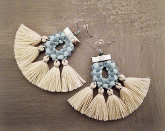 Fan Tassel Earrings Blue White, Summer Earrings, Boho Beach Earrings, Bohemian Earrings Boho Jewelry, Mint  Alabaster Braided Earrings