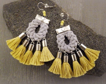 Amarillo gris Boho borla pendientes Boho pendientes moda pendientes flecos declaración pendientes joyería regalo