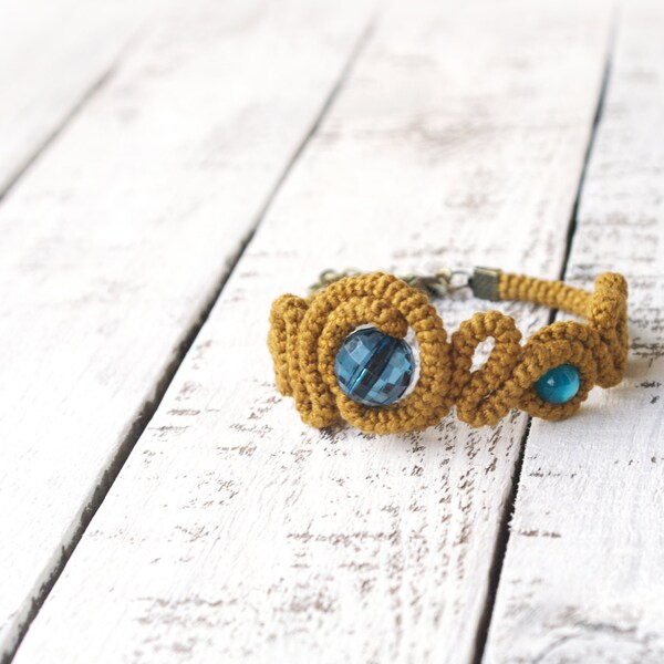 Crochet Tube Bracelet, Curry and Petroleum Blue Freeform curved bangle