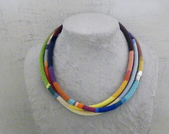 Multistrand Necklace African Style, 3 Times Wrap Necklace Multicolor Crochet Tube Skinny Scarf