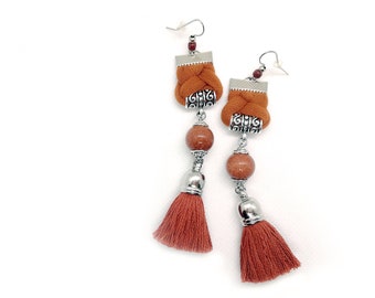 Sun Stone Earrings, Burnt Orange Beaded Earrings, Long Tassel Earrings Bohemian Jewelry Girlfriend Gift