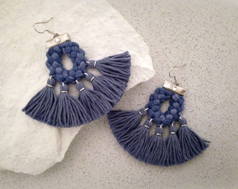 Denim Blue Fan Tassel Earrings Gift for Girlfriend Bohemian Earrings Fringe Earrings Tassel Jewelry