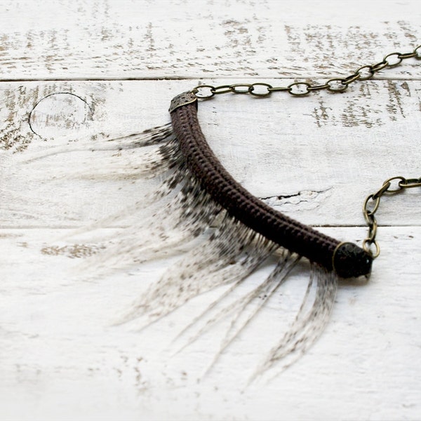 Tribal Feather Necklace Grizzly Fringes Brown Oatmeal