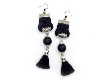 Black Onyx Earrings Boho Tassel Earrings Black Tassel Earrings Bohemian Earrings Fiber Earrings Gemstone Jewelry Anniversary Gift for Wife