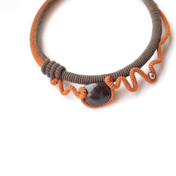 Abstract Crochet Choker Necklace Celosia Orange Brown, Fall fashion Wearable Art Gift for her