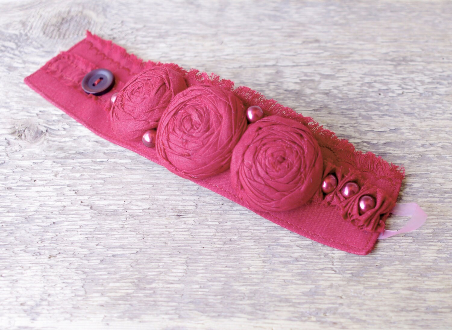 Wrist Cuff Fabric Bracelet Deep Red Rosettes and Pearls Etsy