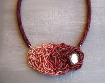Bordeaux Necklace with Antique Pink, Free Shape Intricate Tube Necklace