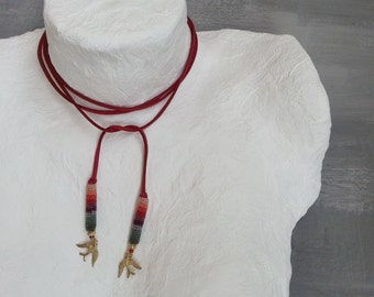 Red Suede Wrap Necklace, Red Bolo Choker, Bird Bolo Choker Boho Necklace, Bolo Necklace, Bohemian Jewelry, Bird Necklace Multiway Tie Choker