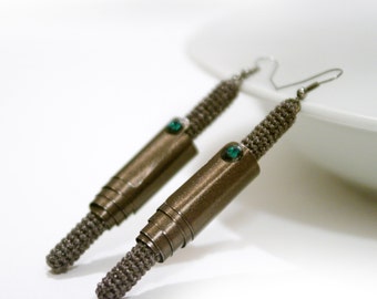 Stick Earrings, Smoky Brown Earrings, Modern Style Earrings, metallic crochet tube, aluminum sheet, swarovski crystals