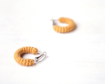 Yellow Earrings Crochet Tube Hoops, Gold Mustard Hoops, Mini Crochet Tube Hoops, 1 inch hoop earrings, Small Hoop Earrings