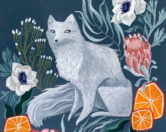 Arctic Fox & Floral Art Print 11x14