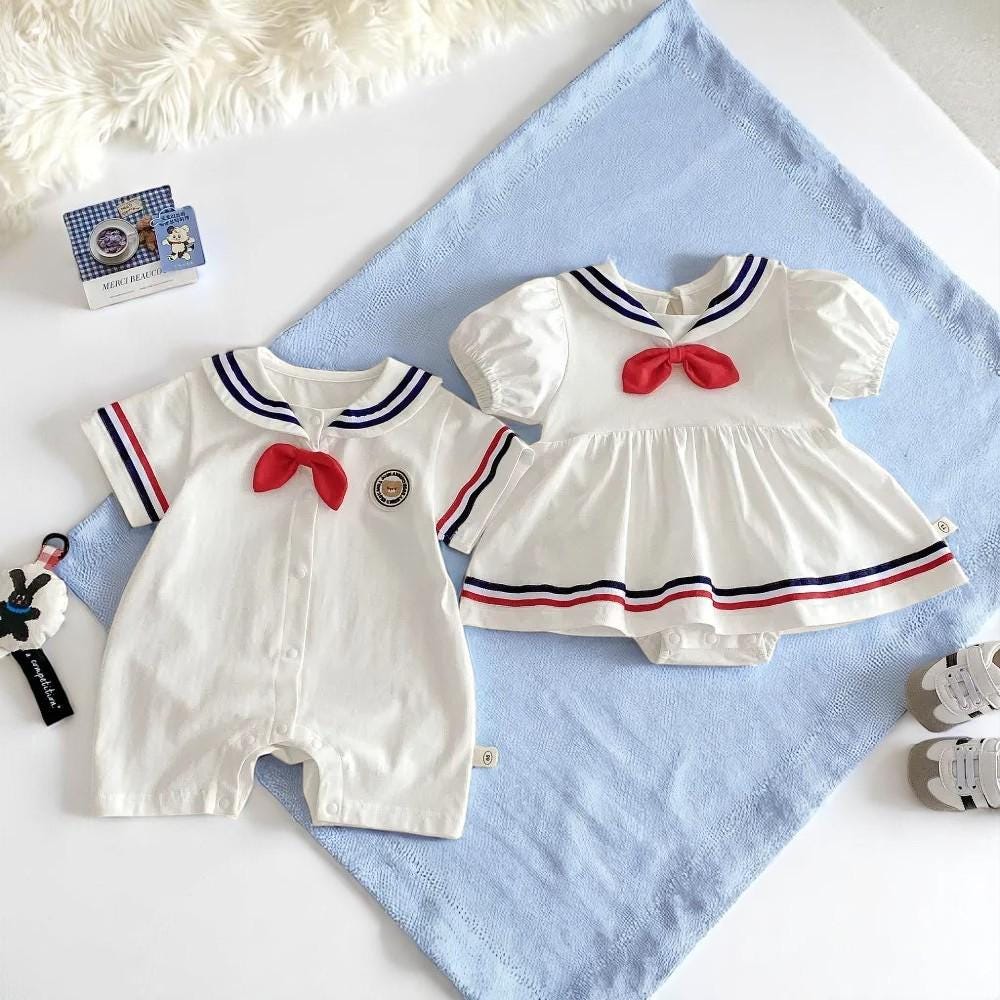 Summer Baby Romper – Navy Collar Bodysuit Dress for Girls & Cotton Short Sleeve Romper for Boys