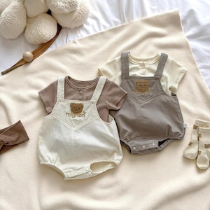 Conjunto de verano para bebé: camiseta lisa y body de oso de dibujos animados para recién nacidos (niñas y niños)