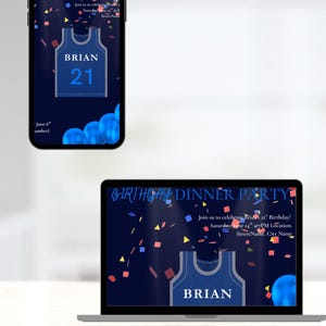 Faire-part d'anniversaire produit numérique, dîner à thème sportif Evite, modèle modifiable, célébration pour hommes et femmes