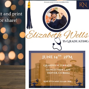Editable Nursing School Graduation Invitation: RN Grad Party Template (Canva File)