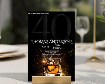 40th Birthday Invitation: Black & Gold Whiskey Party (Editable Printable Template)