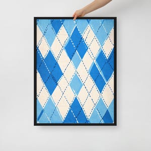 Geometric Diamond Pattern Wall Art: Blue & White Framed Print