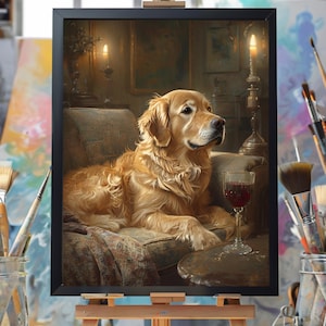 Vintage Golden Retriever Wall Art – Regal Dog Painting for Cozy Home Decor, Wine & Candle Canine Print
