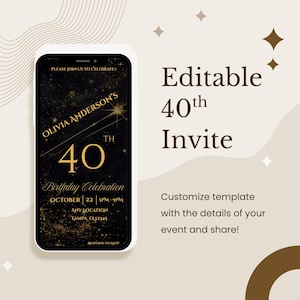 Elegant Black and Gold 40th Birthday Invitation: Digital Party Invite