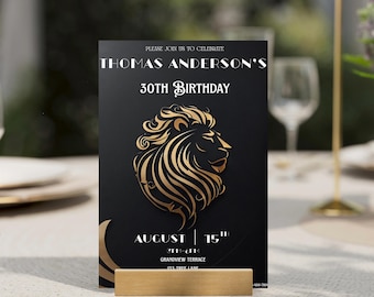 Leo 30th Birthday Invitation: Black and Gold Lion Zodiac (Digital Download Canva Template)