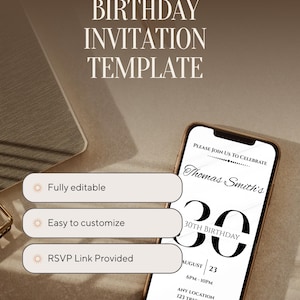 30th Birthday Invitation Template: Minimalist Black & White Evite (Digital Download)