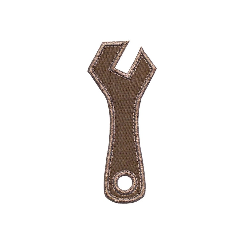 May include: A brown fabric wrench patch with a light brown outline.