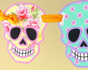 Sugar Skull Banner ITH Project Applique Machine Embroidery Design Patterns done in the hoop in 5 sizes 4", 5", 6", 7" and 8" Día de Muertos