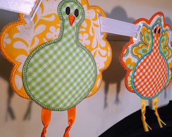 Turkey Applique In The Hoop Banner Machine Embroidery Design Pattern 3 sizes 4", 5", 6" all done In-The-Hoop for Thanksgiving