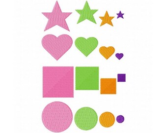 Mini Shape Fills Machine Embroidery Design Patterns 4 styles in 4 sizes 0.5", 1", 1.5" and 2" Star, Heart, Square, Circle