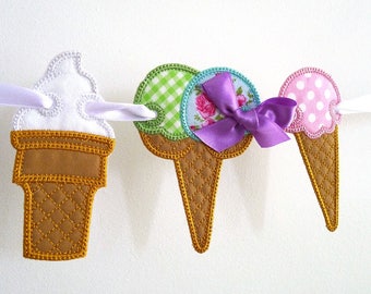 Ice Cream Banner In The Hoop Project Machine Embroidery Design Applique Patterns in 5 sizes 4", 5", 6", 7" and 8"