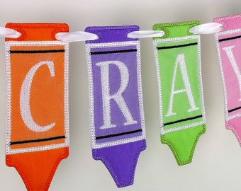 Crayon Banner ITH Project Applique Machine Embroidery Design Patterns in the hoop bunting in 7 sizes 4", 5", 6", 7", 8", 9" and 10"