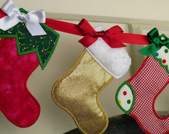 Christmas Stocking ITH Banner Machine Embroidery Design Applique Bunting Patterns all done In The Hoop 3 variations 4 sizes 4&quot;, 5&quot;, 6&quot;, 7&quot;