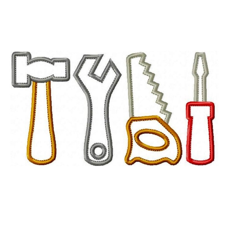 May include: A set of four tools, including a hammer, wrench, saw, and screwdriver. The tools are outlined in gray and filled with different colors, including orange, red, and gray.