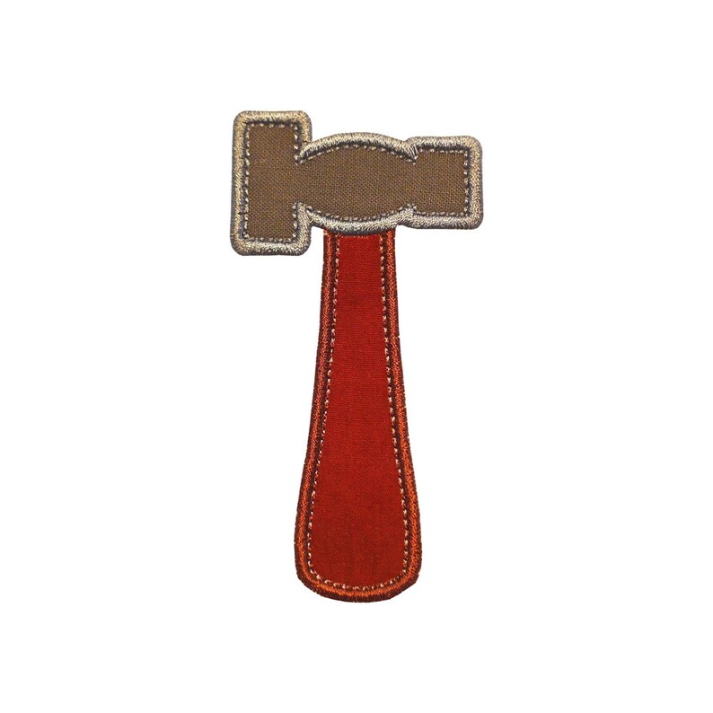 May include: A brown and gray hammer with a red handle. The hammer is a felt patch.