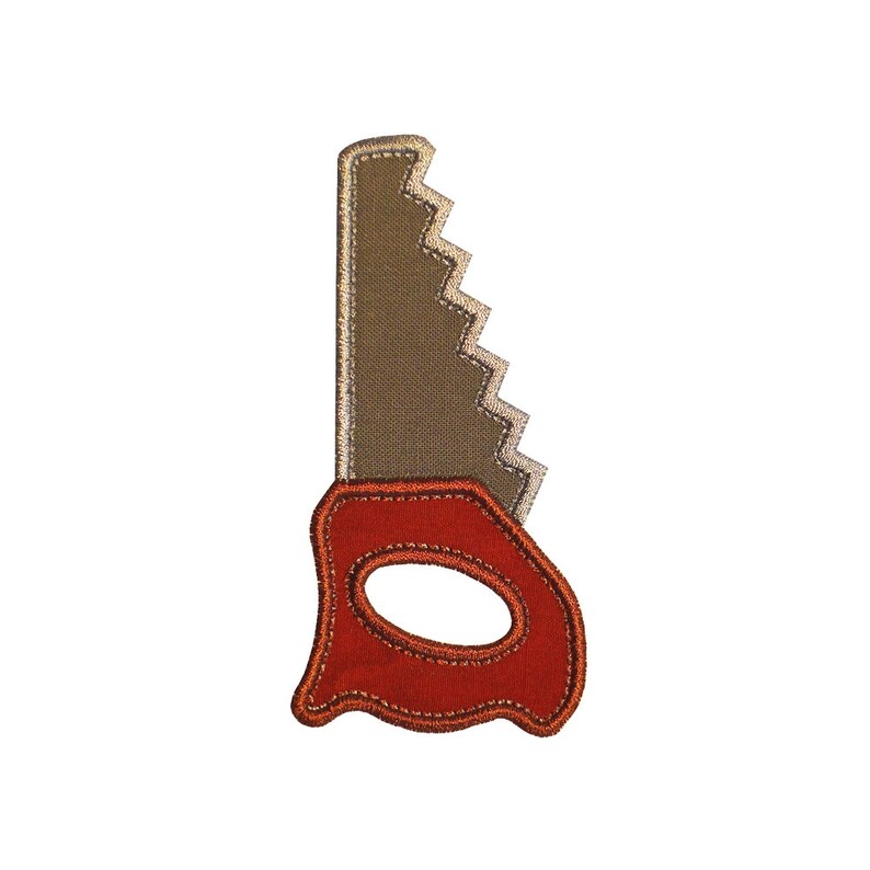 May include: A red and brown felt applique of a saw. The saw has a red handle and a brown blade with a serrated edge.